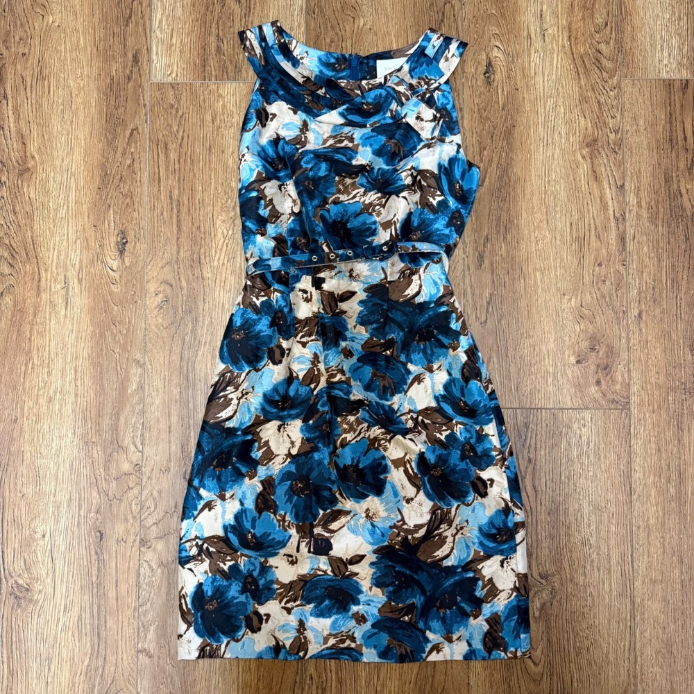Kate Spade Silk Floral Dress Blue Brown‎ Sleeveless Belted Knee Length Womens 2